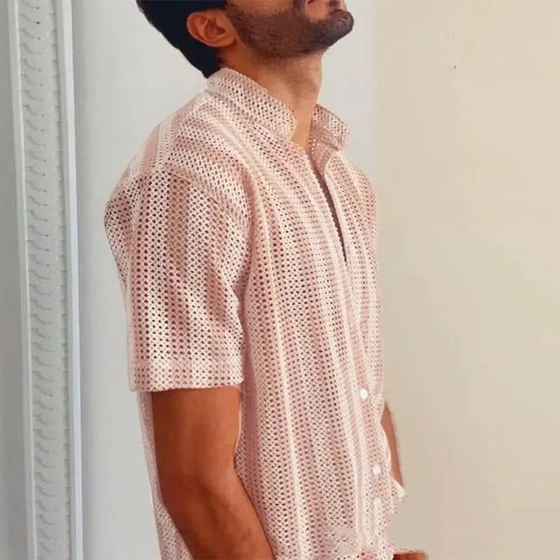 Pink men's waffle-textured summer shirt with short sleeves in cardigan style
