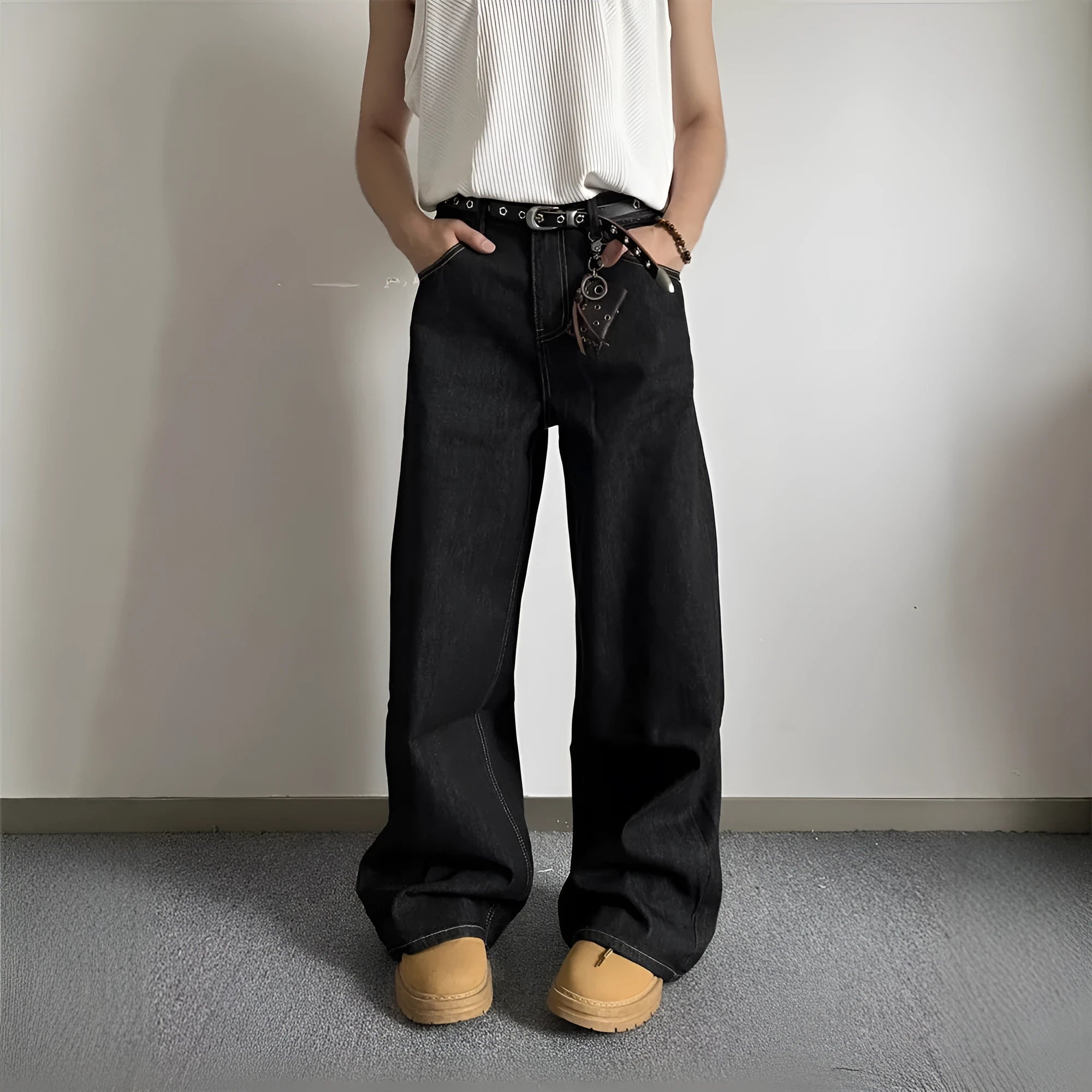Black retro loose wide-leg jeans with straight-leg cut and mid waist