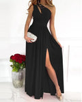 Apricot one-shoulder sleeveless maxi dress with a high split, shown on a model.