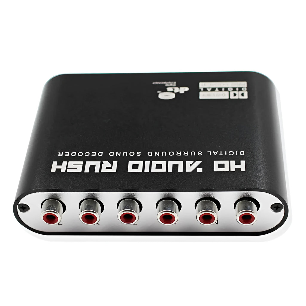 Black DTS Dolby AC-3 audio decoder unit with optical, coaxial, and stereo inputs and 5.1 channel analogue outputs.