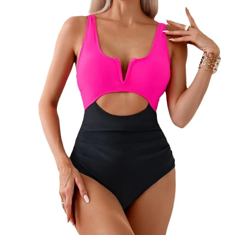 Women's green and black colour contrast one-piece nylon swimsuit