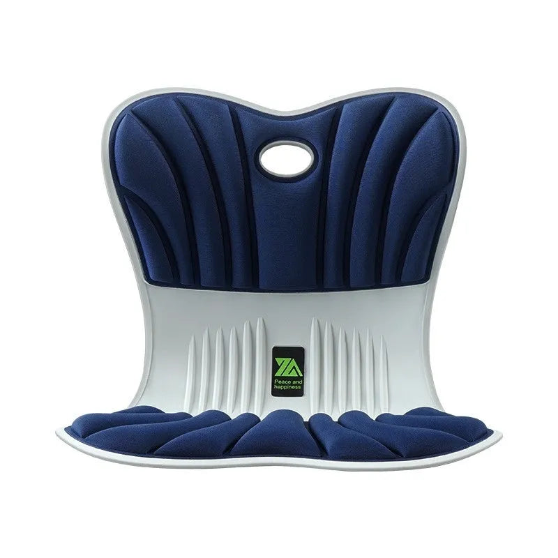 Grey ergonomic waist support and posture correction cushion on an office chair.