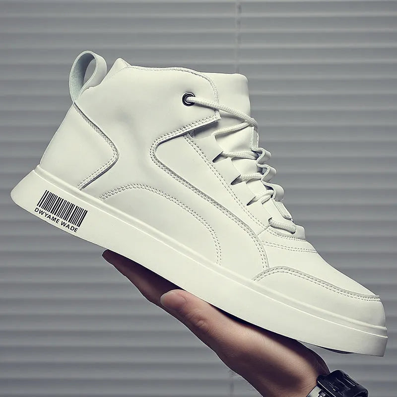 Men's white mid-top casual board shoes with round toe and rubber sole