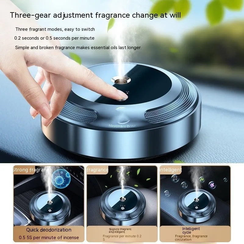 Car air freshener with zinc alloy shell and automatic spray function, 89mm by 35mm dimensions