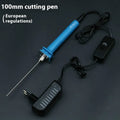 Blue plastic-handled electric heating cutter pen with metal tip for cutting foam.