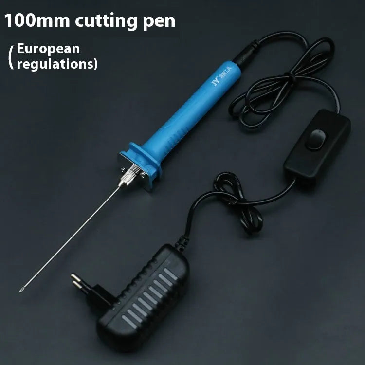 Blue plastic-handled electric heating cutter pen with metal tip for cutting foam.