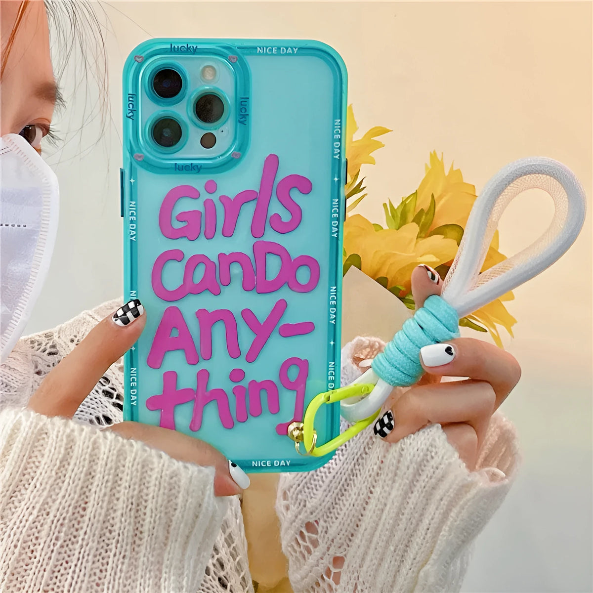 Graffiti art lanyard phone case for Apple iPhone with detachable strap in mint green colour