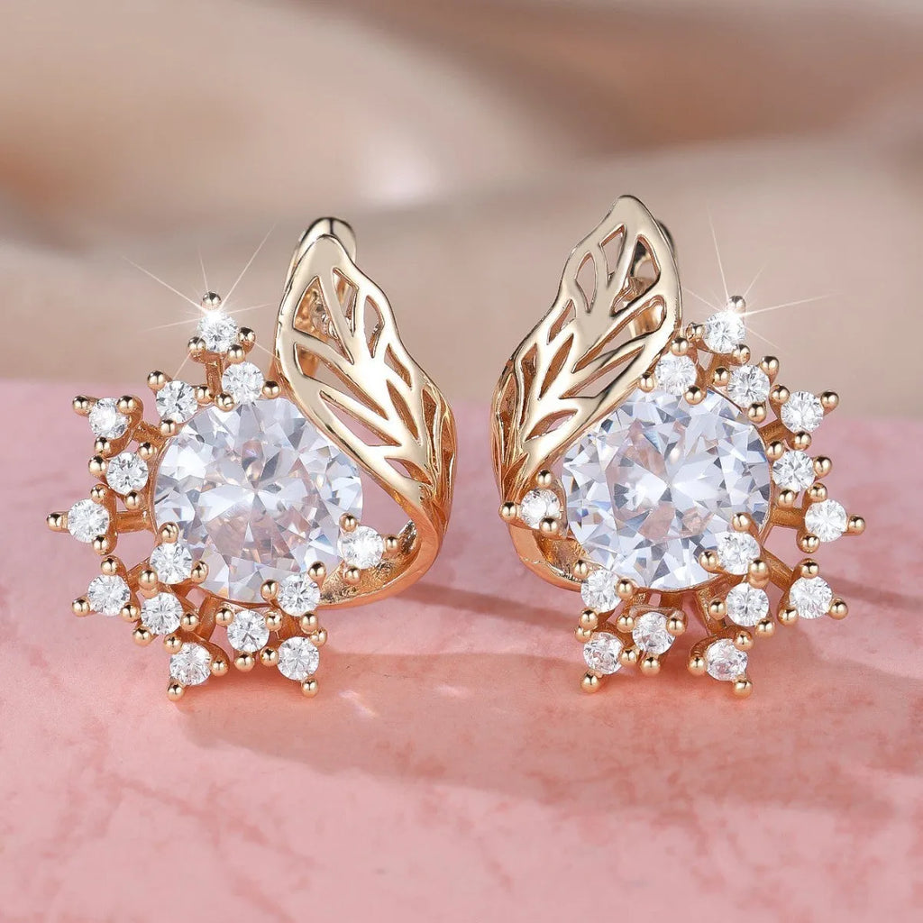 Round flower feather zircon earrings with champagne gold electroplated finish and six gemstone colour options