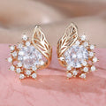 Round flower feather zircon earrings with champagne gold electroplated finish and six gemstone colour options