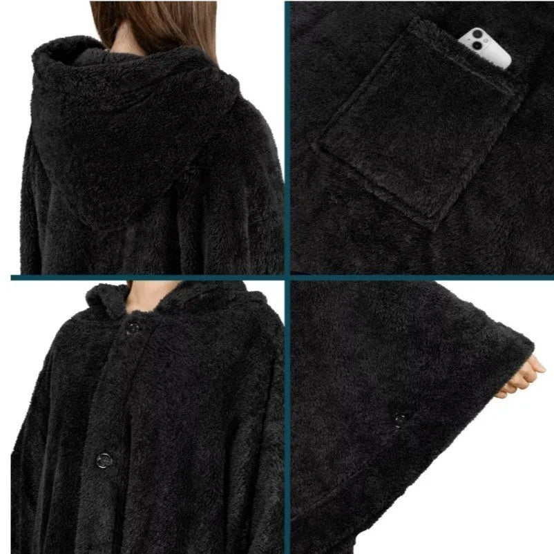 A thick black hooded bathrobe cardigan with long sleeves, shown hanging.