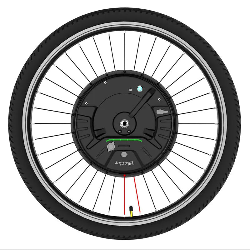 Black bicycle wheel with integrated hub motor for electric bike conversion kit