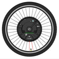 Black bicycle wheel with integrated hub motor for electric bike conversion kit