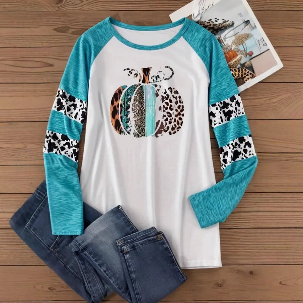 Sky blue Halloween t-shirt with 3D pumpkin print, long sleeves, regular fit