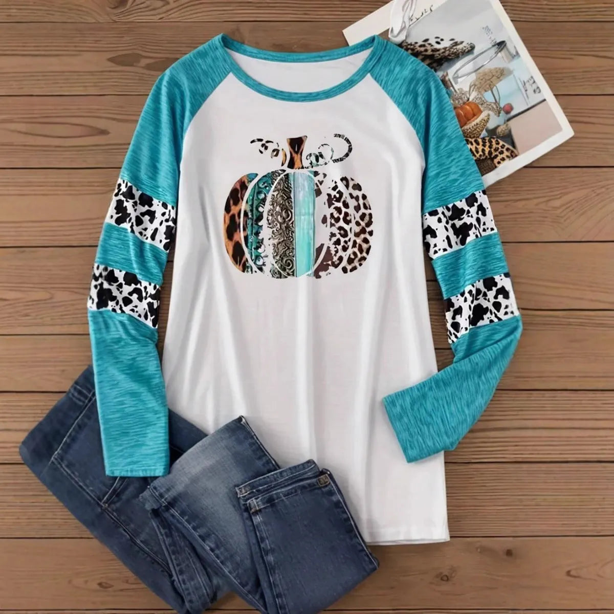 Sky blue Halloween t-shirt with 3D pumpkin print, long sleeves, regular fit