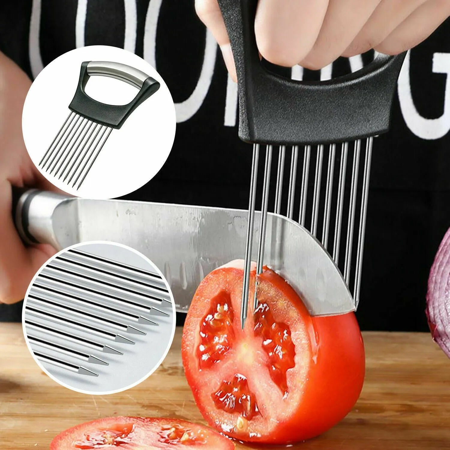 Stainless steel and ABS plastic food slice assistant for holding onions and tomatoes during cutting