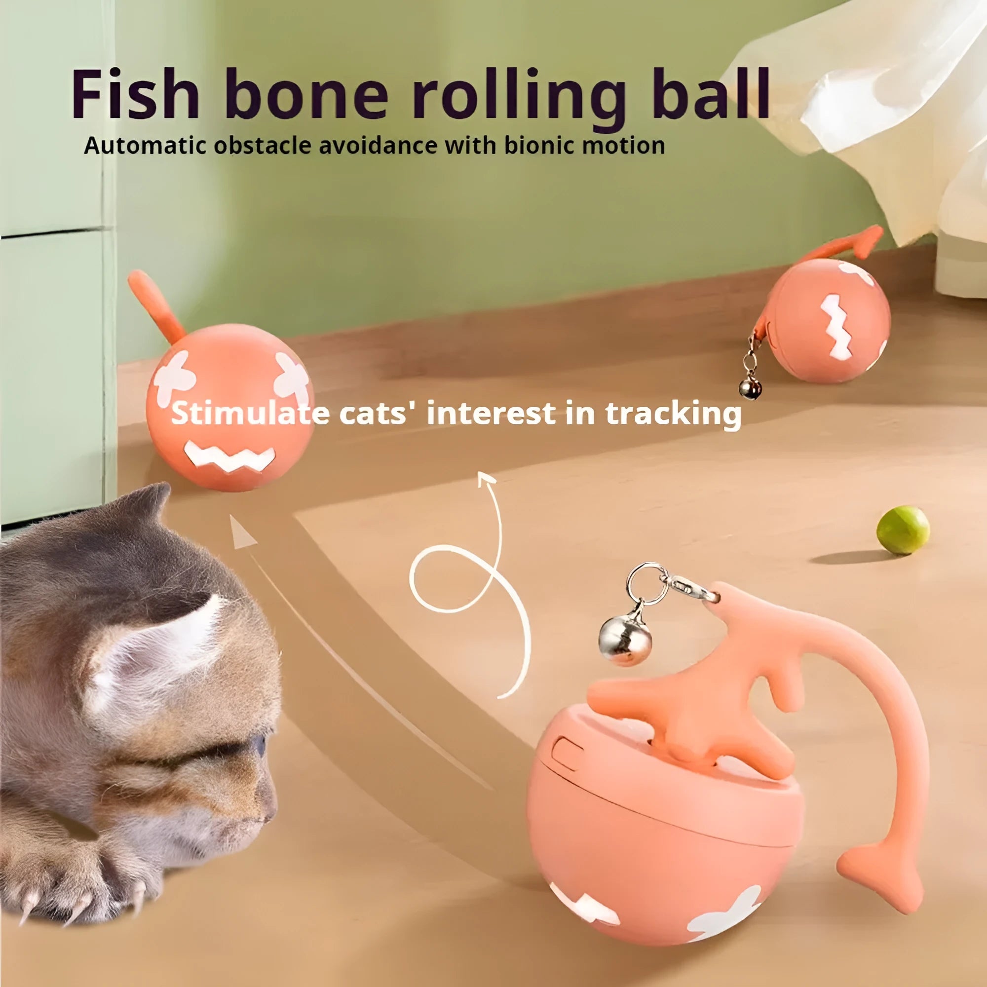 USB electric cat teasing ball toy with attached stick on a floor, available in blue, pink, and yellow.