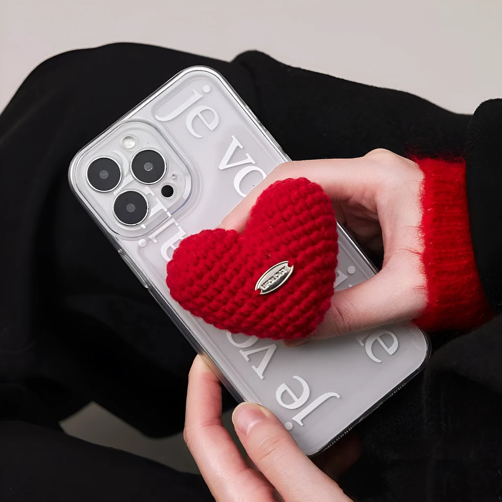 Original Knitted Love Stand phone case for iPhone, TPU glass back, retro Japanese Korean style, black or white, heart bracket option.