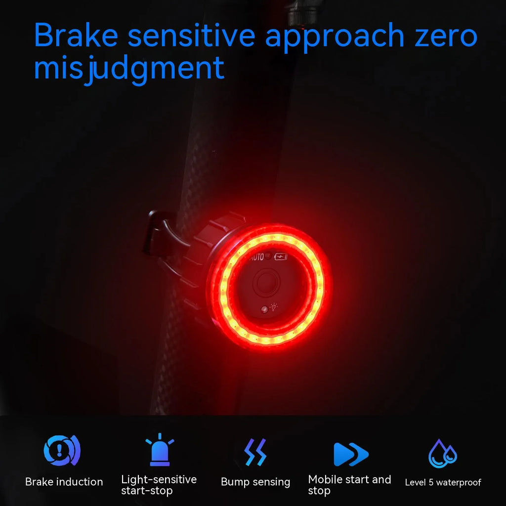 Black intelligent induction brake taillight with aluminium alloy construction and seatpost mounting bracket