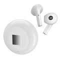 White Bluetooth Budz5 semi-in-ear wireless headphones with their matching charging case on a table.