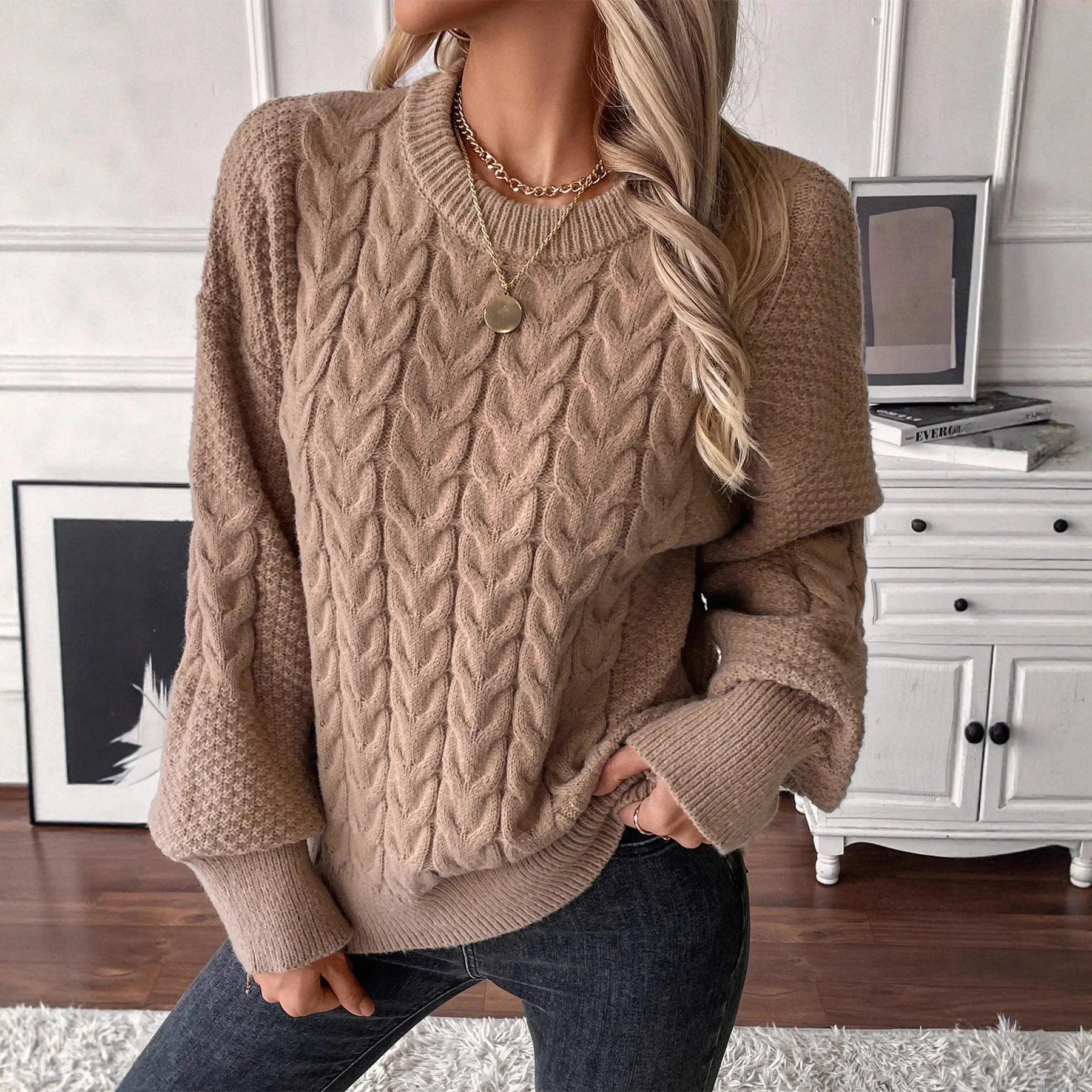Women's khaki pullover sweater with twist design detail and round neck