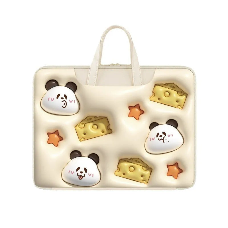 Inflatable PU leather laptop bag with cartoon print hanging from a suitcase handle