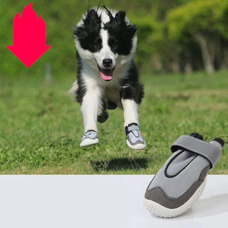 Grey pet shoes for big dogs with breathable mesh upper, reflective tape, and rubber diamond outsole, sizes 1-8