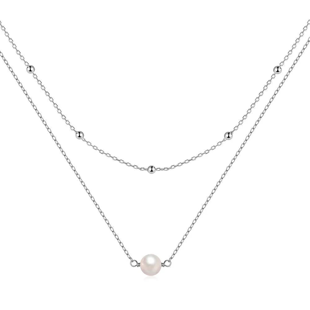 S925 sterling silver double layer necklace with twin pearls on geometric pendant, gold or white gold plating