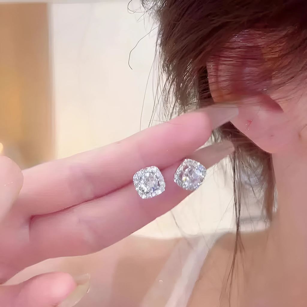 Geometric quadrilateral diamond earrings in silver and gold colour options