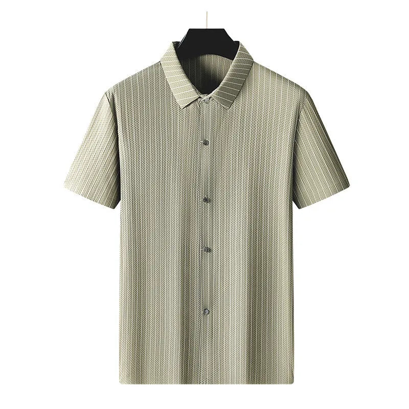 Plus size man wearing a black striped ice silk shirt with a square collar and loose fit.