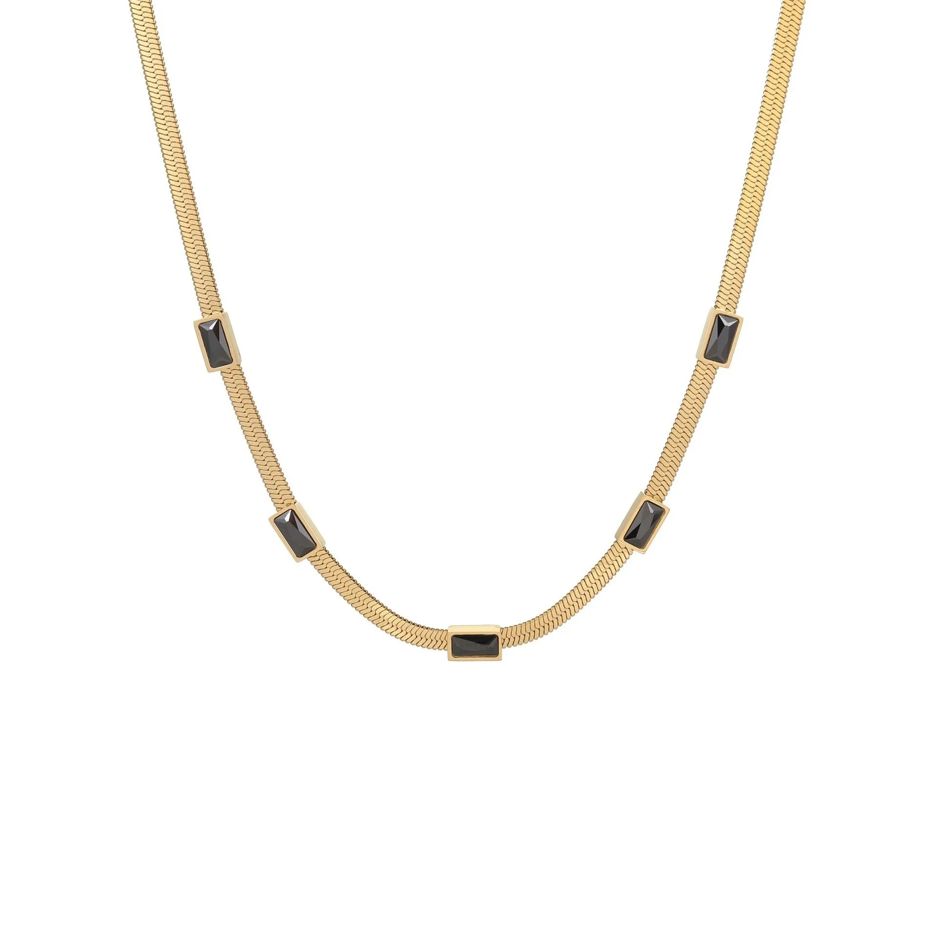 Geometric square zircon necklace in stainless steel with electroplated gold finish showing quadrilateral pattern