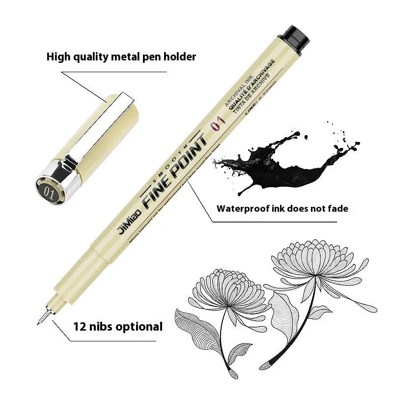 Black needle tip drawing pen with cartoon syringe and hook line artwork on a 133mm plastic barrel.
