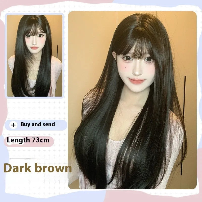 Dark brown long straight synthetic women's wig with bangs for round face shapes