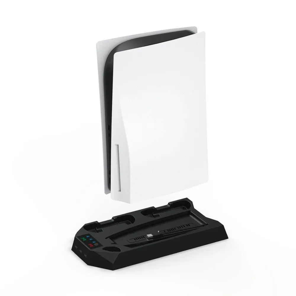 White PS5 charging station holding a console, two controllers, and a headset.