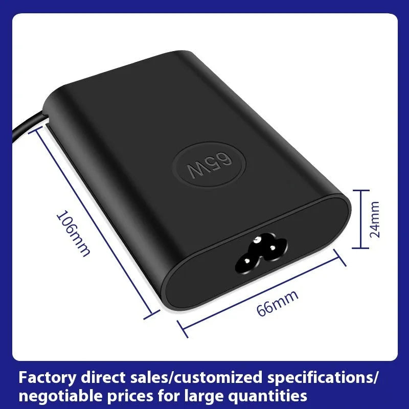 Black 65W USB-C laptop power adapter with multiple international power cords