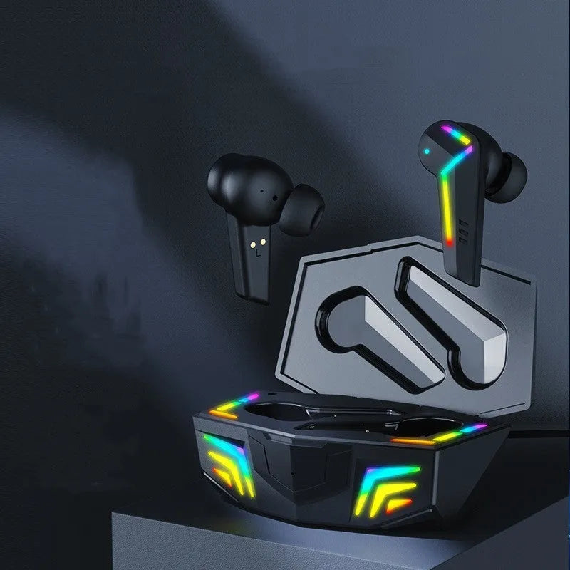 Small black TWS Bluetooth sports headset with earplug design for low-latency gaming and music.