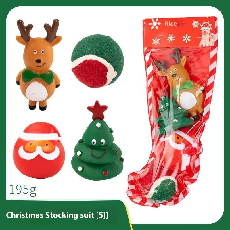 Christmas dog chew toys set with vinyl Santa heads, trees, and festive shapes in gift packaging