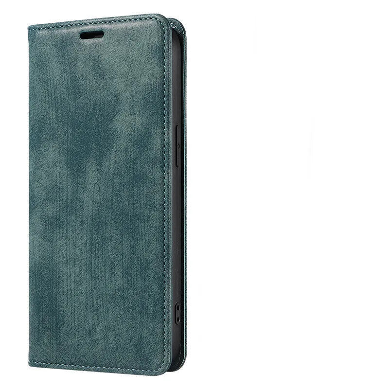 Magnetic flip leather phone case for iPhone in grey, lake green, and pink colours.