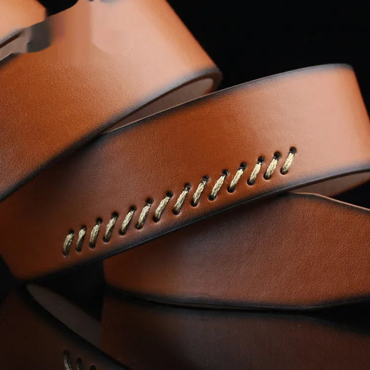 Men's casual pin buckle belt in black, brown or white colours showing threading pattern and alloy buckle