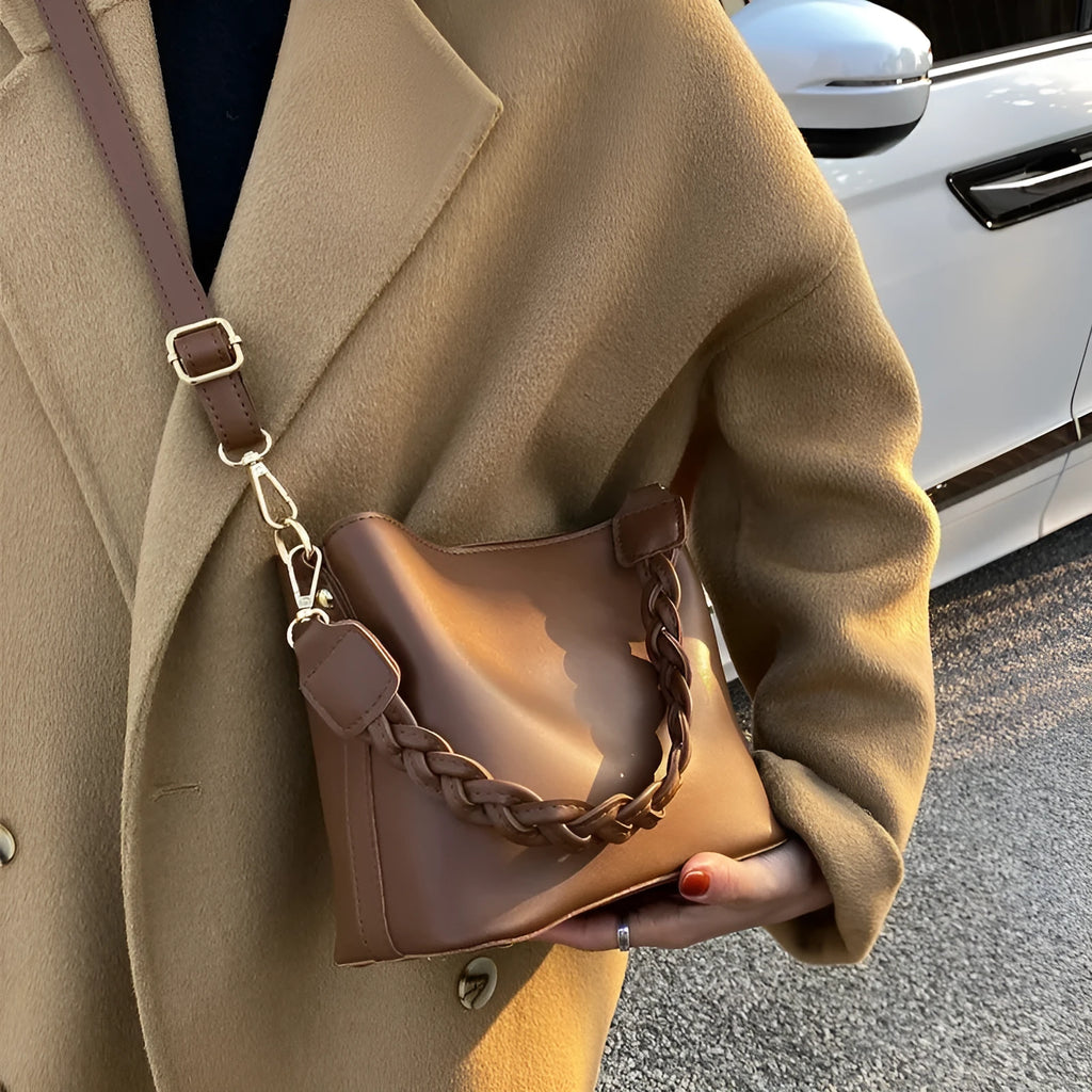 Retro brown PU weaving crossbody underarm bucket bag with one-shoulder strap