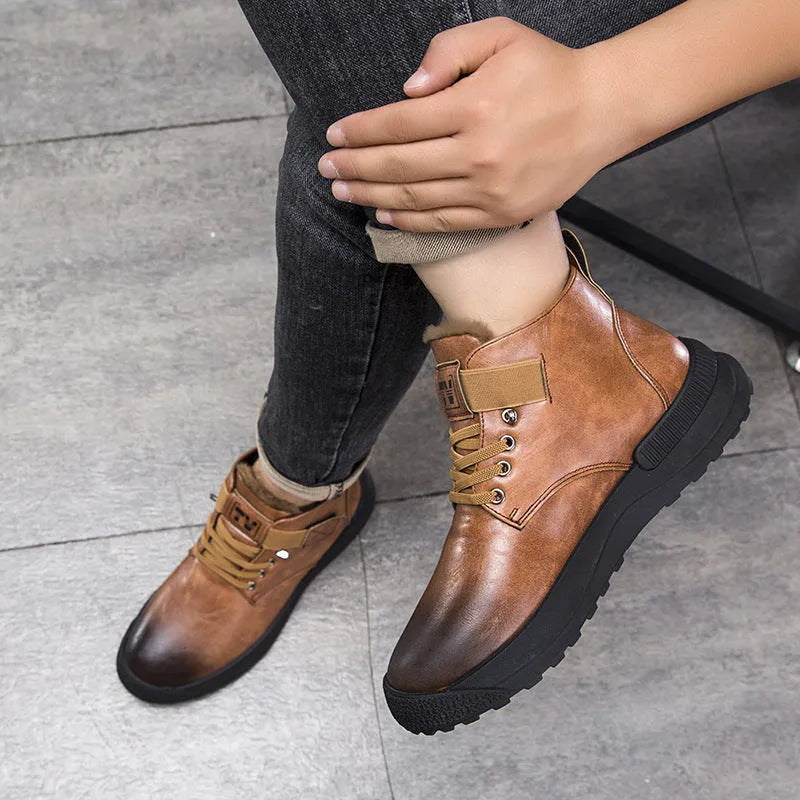 Men's black high-top platform boots with a velvet texture upper and thick rubber sole.