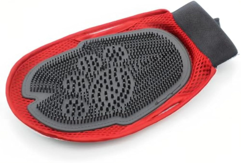 Red adjustable pet grooming and bathing glove for dogs and cats, showing brush surface.