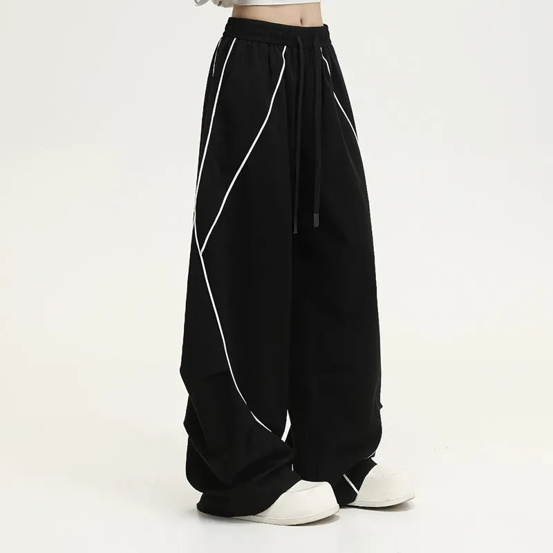 Black striped pleated wide-leg hip hop sports pants in loose fit design