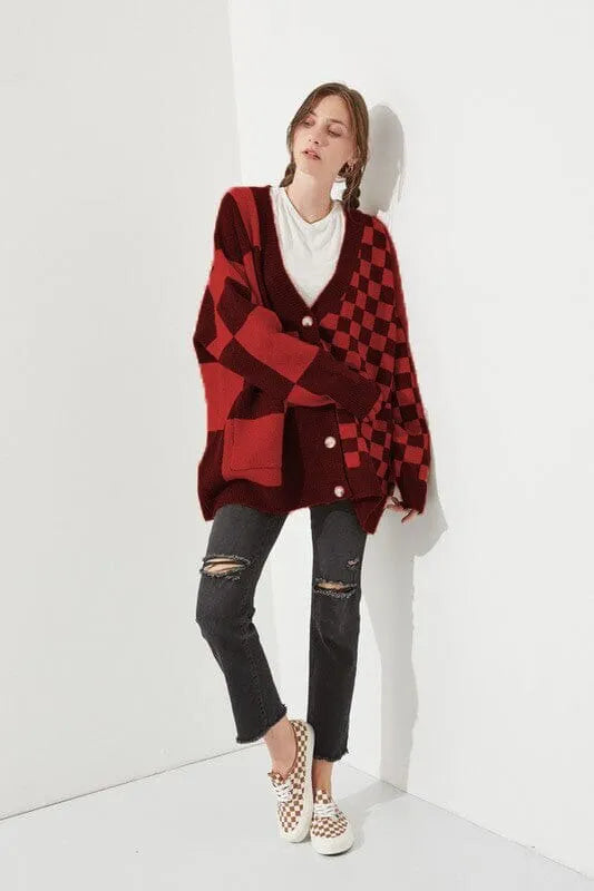 Printed checks loose slim fit cardigan in polyester spandex fabric available in six colours