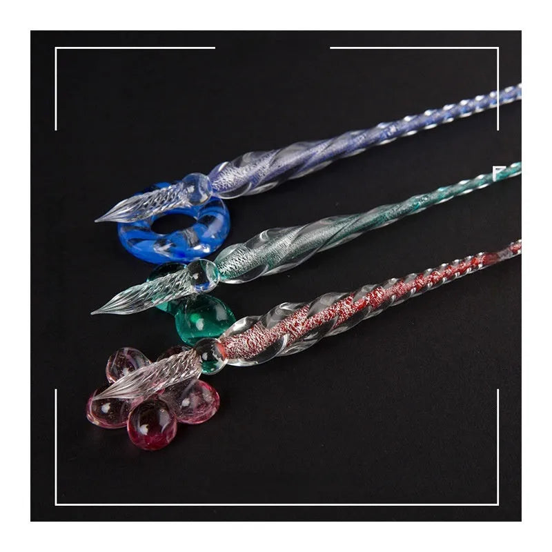 Transparent glass crystal pen with coloured ink visible inside, abstract modelling design