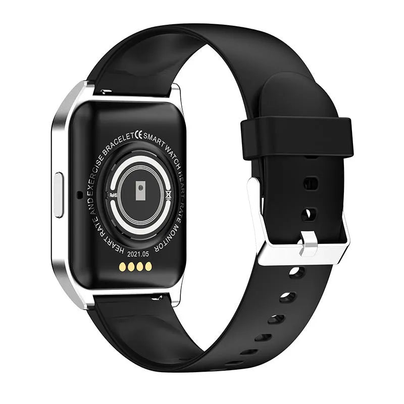 Black smart watch with heart rate monitoring and Bluetooth call features on silicone wrist strap