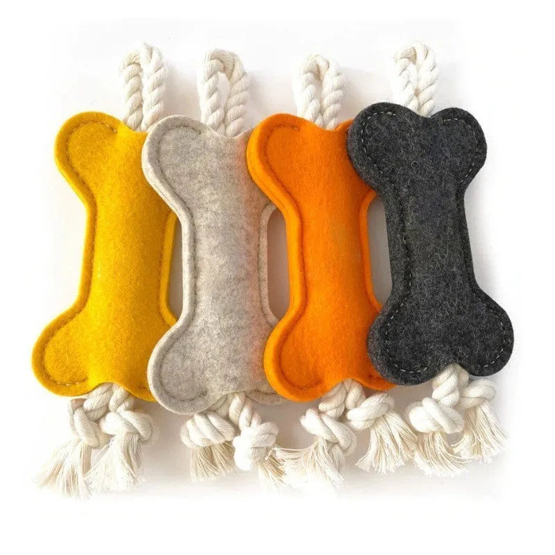Felt bone shaped dog chew toy with rope knot texture in blue colour