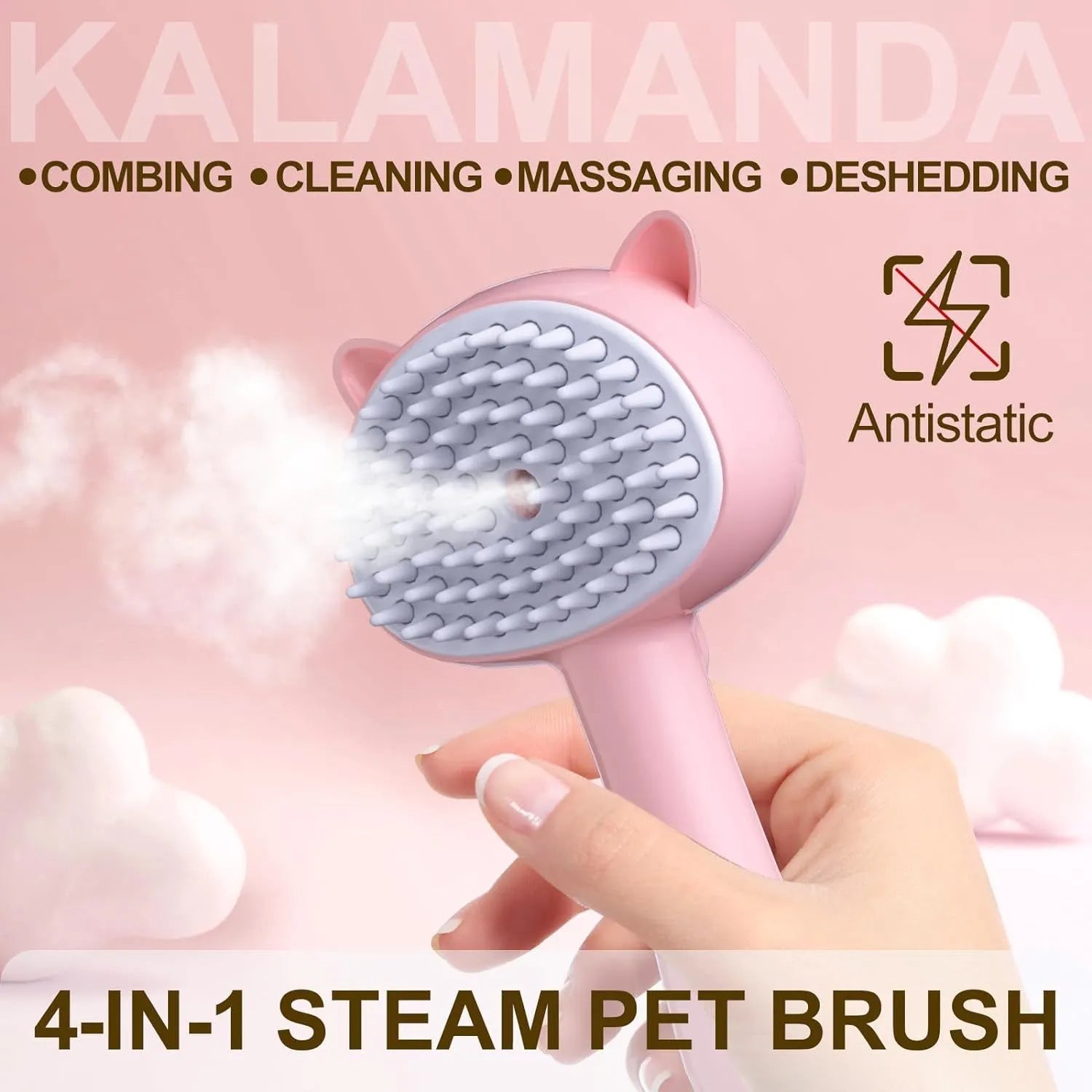 Blue cat steam brush with rubber bristles and ergonomic handle for pet grooming
