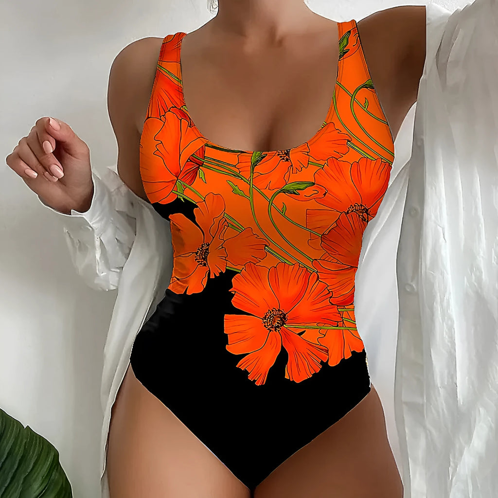 Orange flowers printed backless one-piece swimsuit with slim fit design