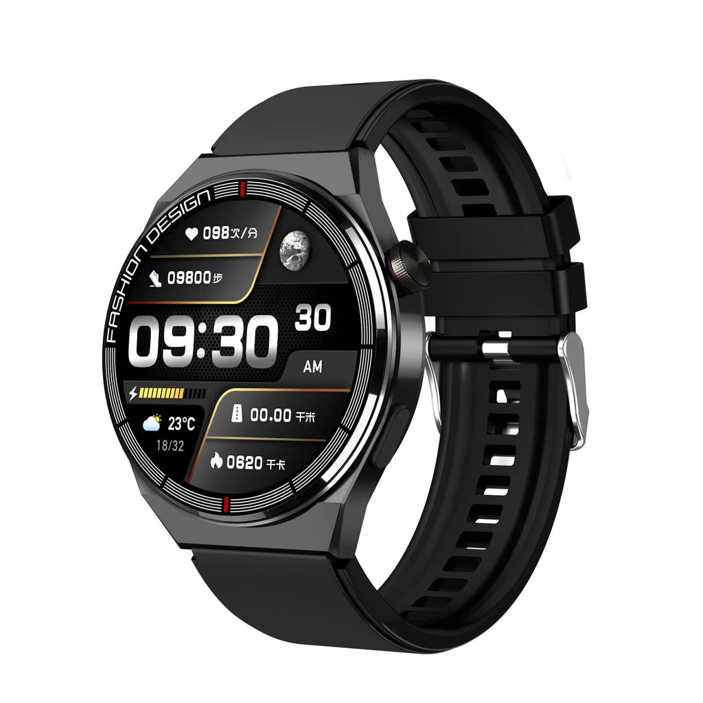 Black smartwatch with a 1.28-inch screen on a silicone strap, showing a heart rate monitoring display.