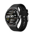 Black smartwatch with a 1.28-inch screen on a silicone strap, showing a heart rate monitoring display.